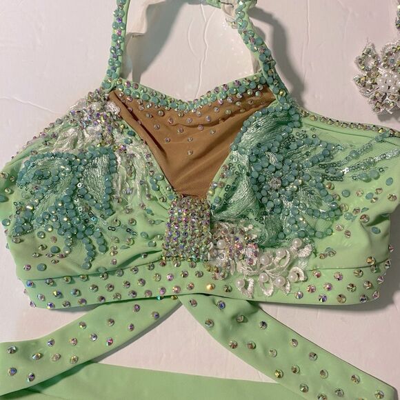 Solo custom dance costume leotard 2 piece mint green rhinestoned LC child - Picture 6 of 13